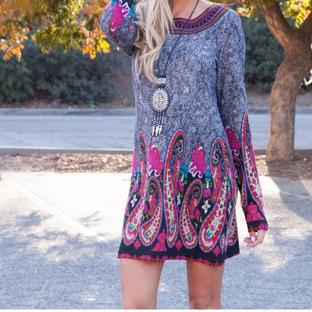 Floral Paisley Multicolored Boho Tunic Top/ Longsleeved Top Size M